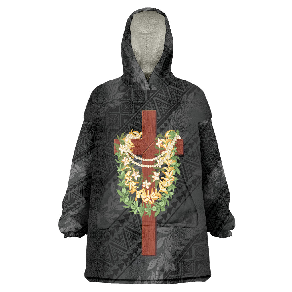 Hawaii Ka Pule a ka Haku Memorial Wearable Blanket Hoodie Flower Lei Cross - Black LT7 One Size Black - Polynesian Pride