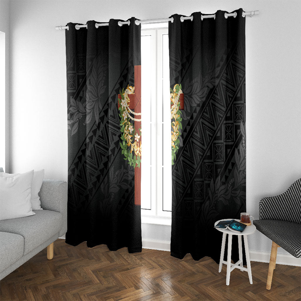 Hawaii Ka Pule a ka Haku Memorial Window Curtain Flower Lei Cross - Black LT7 With Grommets Black - Polynesian Pride
