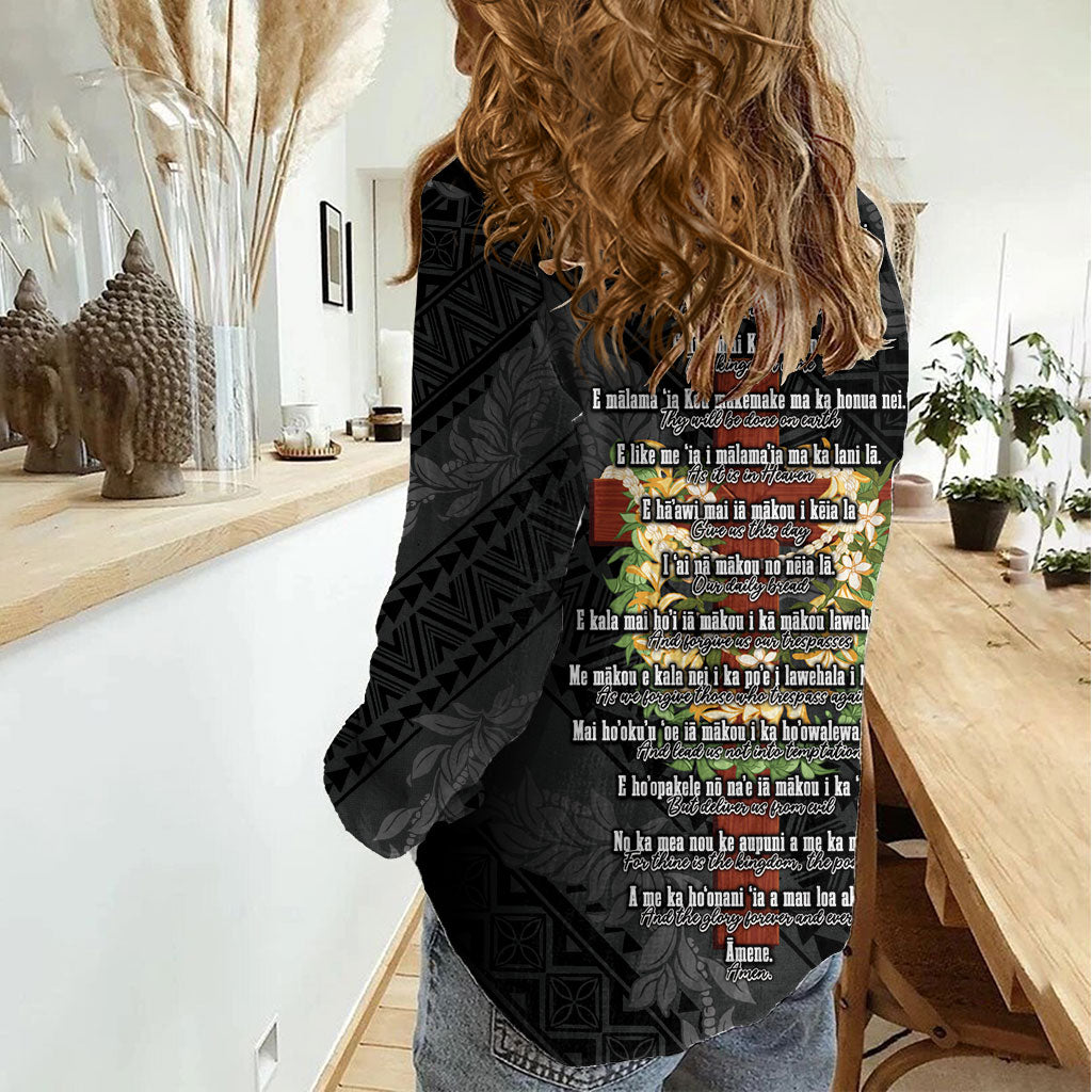Hawaii Ka Pule a ka Haku Memorial Women Casual Shirt Flower Lei Cross - Black LT7 - Polynesian Pride
