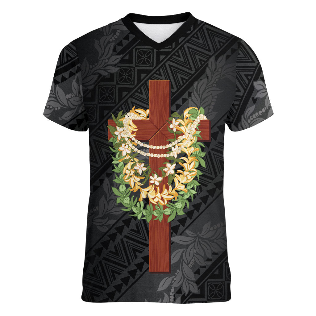Hawaii ⁠Ka Pule a ka Haku Memorial Women V-Neck T-Shirt Flower Lei Cross - Black