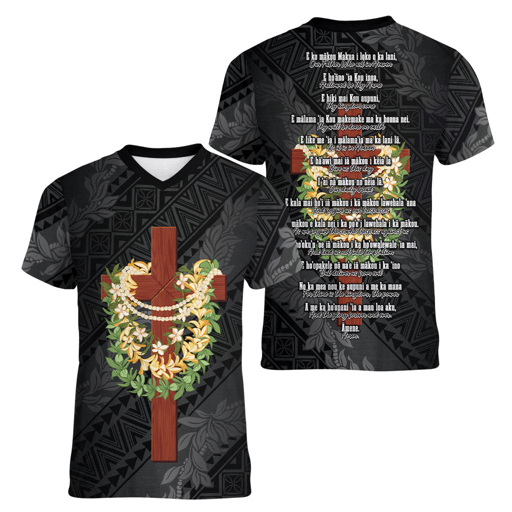 Hawaii Ka Pule a ka Haku Memorial Women V-Neck T-Shirt Flower Lei Cross - Black LT7 - Polynesian Pride