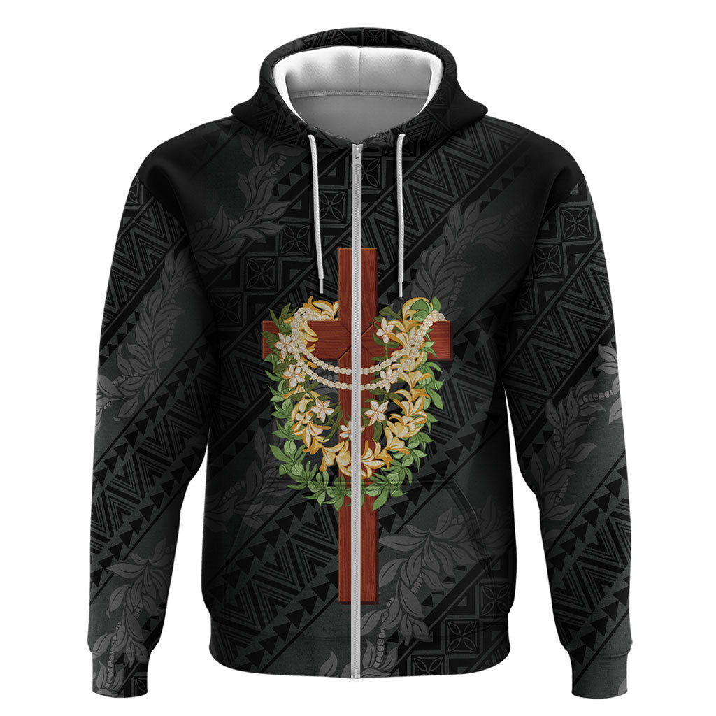 Hawaii Ka Pule a ka Haku Memorial Zip Hoodie Flower Lei Cross - Black LT7 Zip Hoodie Black - Polynesian Pride
