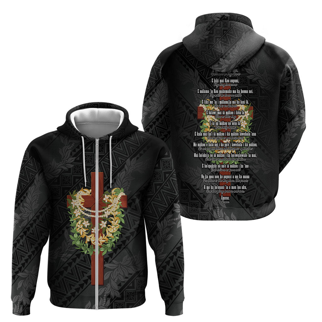 Hawaii Ka Pule a ka Haku Memorial Zip Hoodie Flower Lei Cross - Black LT7 - Polynesian Pride