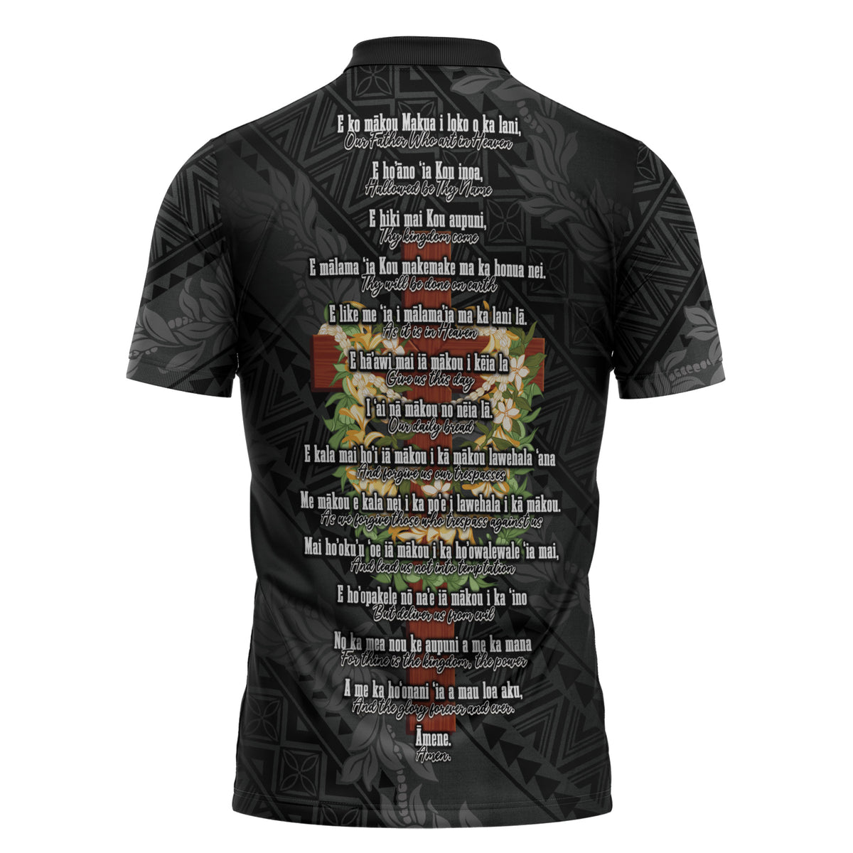 Hawaii Ka Pule a ka Haku Memorial Zipper Polo Shirt Flower Lei Cross - Black LT7 - Polynesian Pride