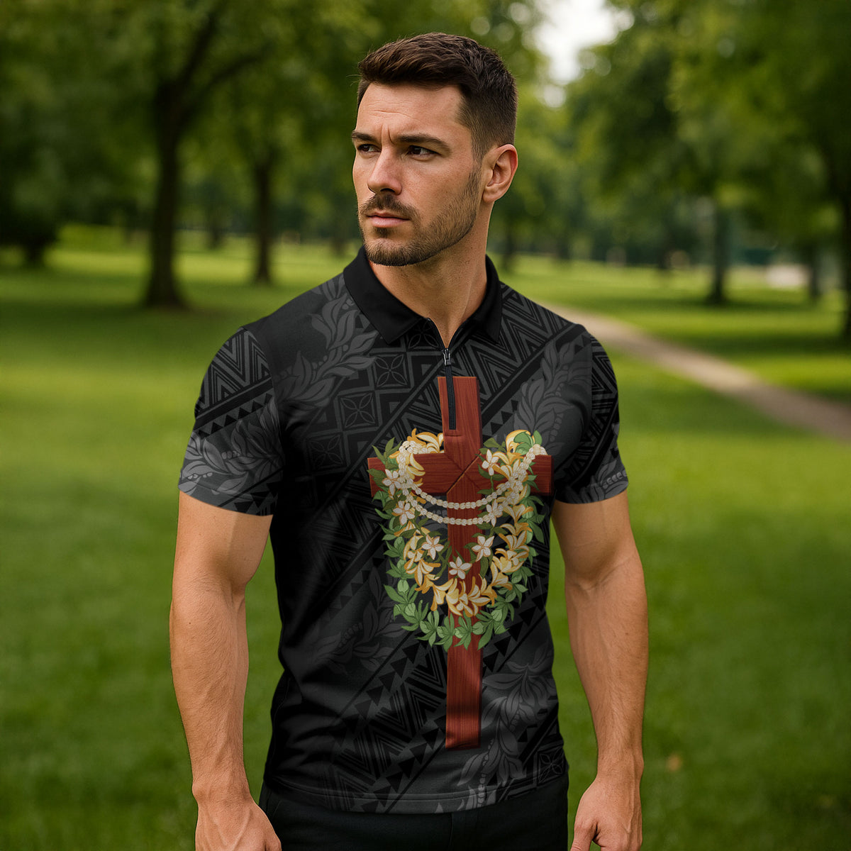 Hawaii Ka Pule a ka Haku Memorial Zipper Polo Shirt Flower Lei Cross - Black LT7 - Polynesian Pride