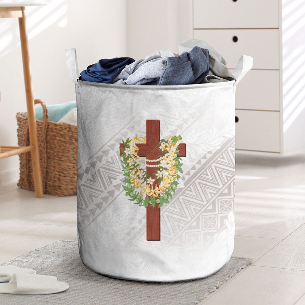 Hawaii ⁠Ka Pule a ka Haku Memorial Laundry Basket Flower Lei Cross - Ivory White