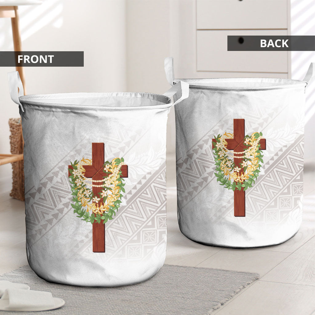 Hawaii ⁠Ka Pule a ka Haku Memorial Laundry Basket Flower Lei Cross - Ivory White