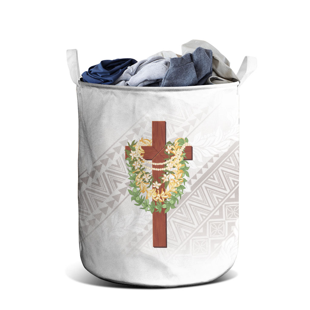 Hawaii ⁠Ka Pule a ka Haku Memorial Laundry Basket Flower Lei Cross - Ivory White