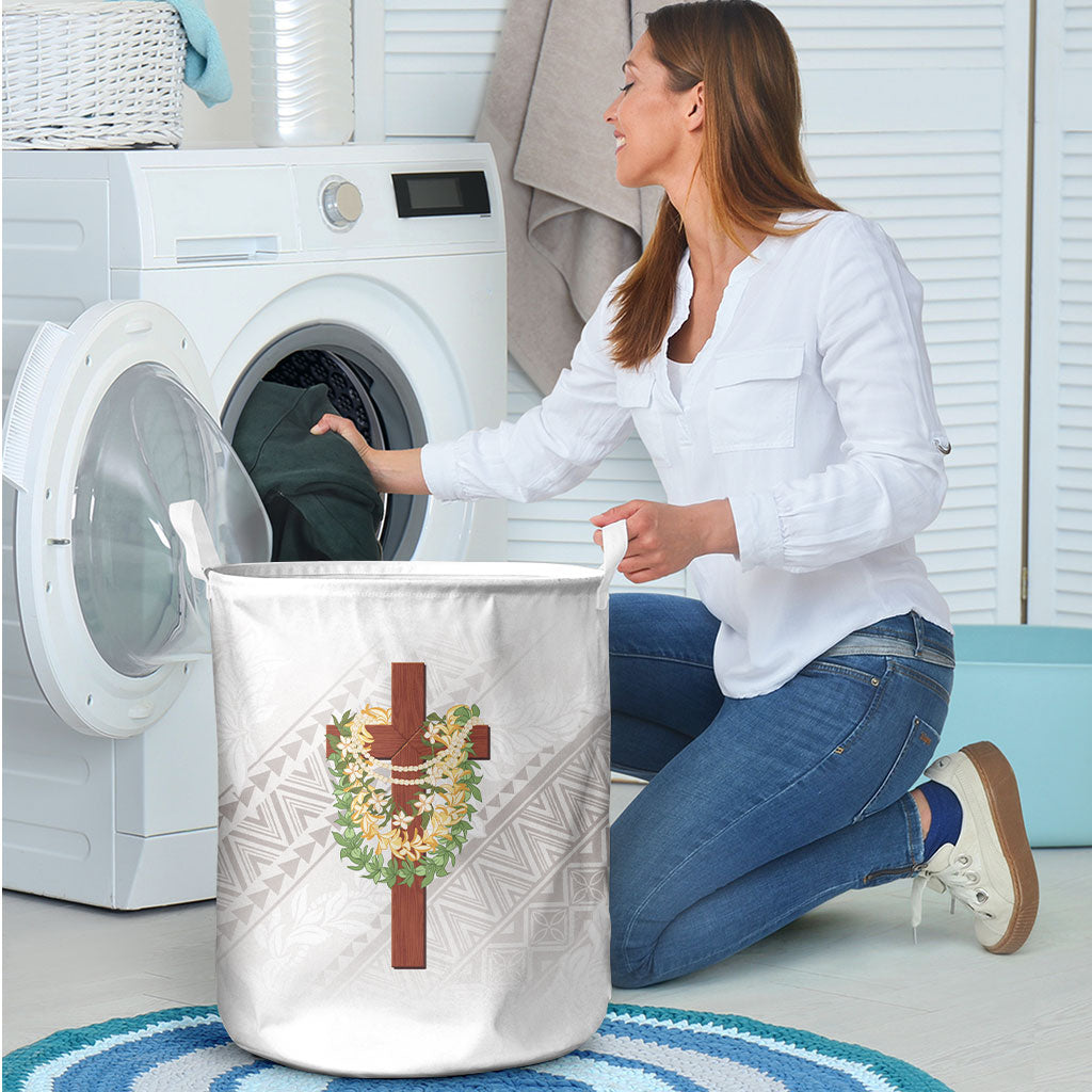 Hawaii ⁠Ka Pule a ka Haku Memorial Laundry Basket Flower Lei Cross - Ivory White