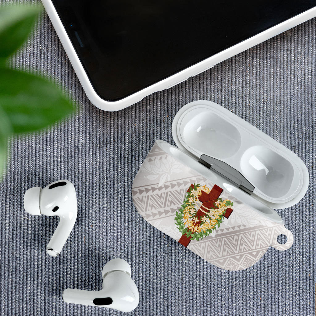 Hawaii ⁠Ka Pule a ka Haku Memorial AirPods Case Flower Lei Cross - Ivory White