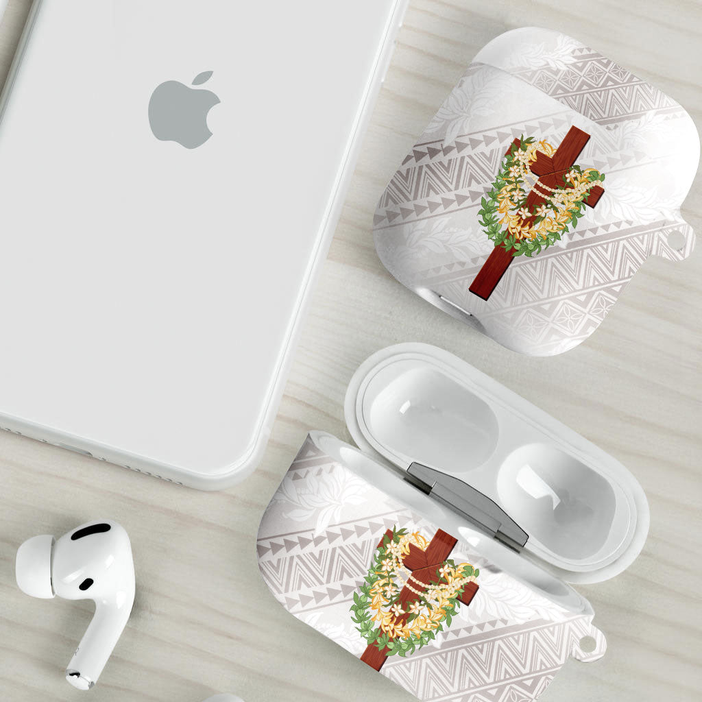 Hawaii ⁠Ka Pule a ka Haku Memorial AirPods Case Flower Lei Cross - Ivory White