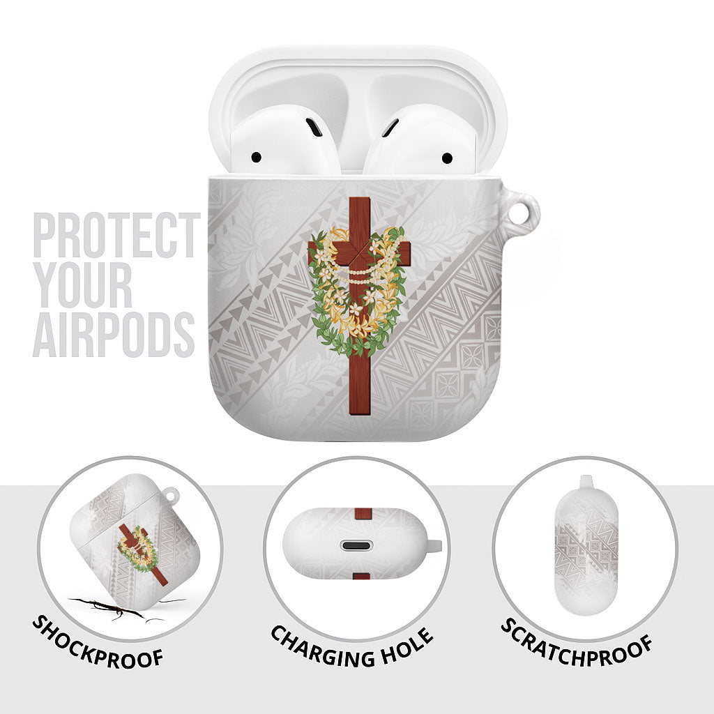 Hawaii ⁠Ka Pule a ka Haku Memorial AirPods Case Flower Lei Cross - Ivory White