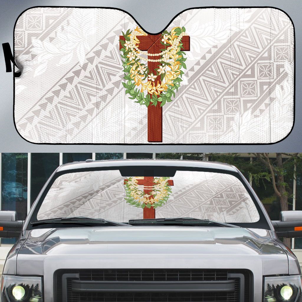 Hawaii Ka Pule a ka Haku Memorial Auto Sun Shade Flower Lei Cross - Ivory White LT7 Ivory - Polynesian Pride