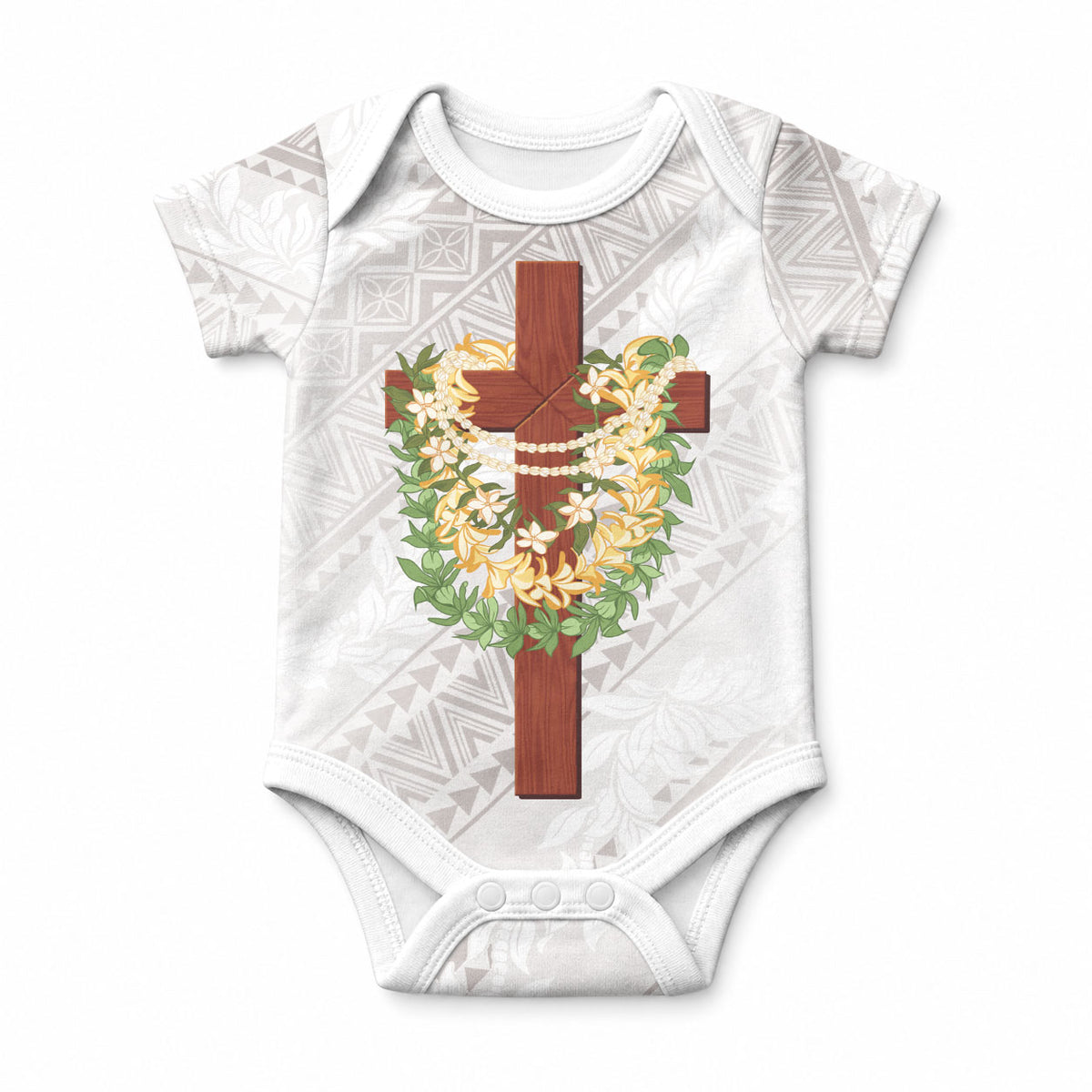 Hawaii ⁠Ka Pule a ka Haku Memorial Baby Onesie Flower Lei Cross - Ivory White