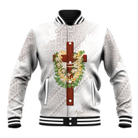 Hawaii Ka Pule a ka Haku Memorial Baseball Jacket Flower Lei Cross - Ivory White LT7 Unisex Ivory - Polynesian Pride