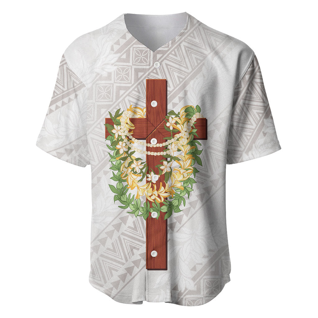 Hawaii Ka Pule a ka Haku Memorial Baseball Jersey Flower Lei Cross - Ivory White LT7 Ivory - Polynesian Pride