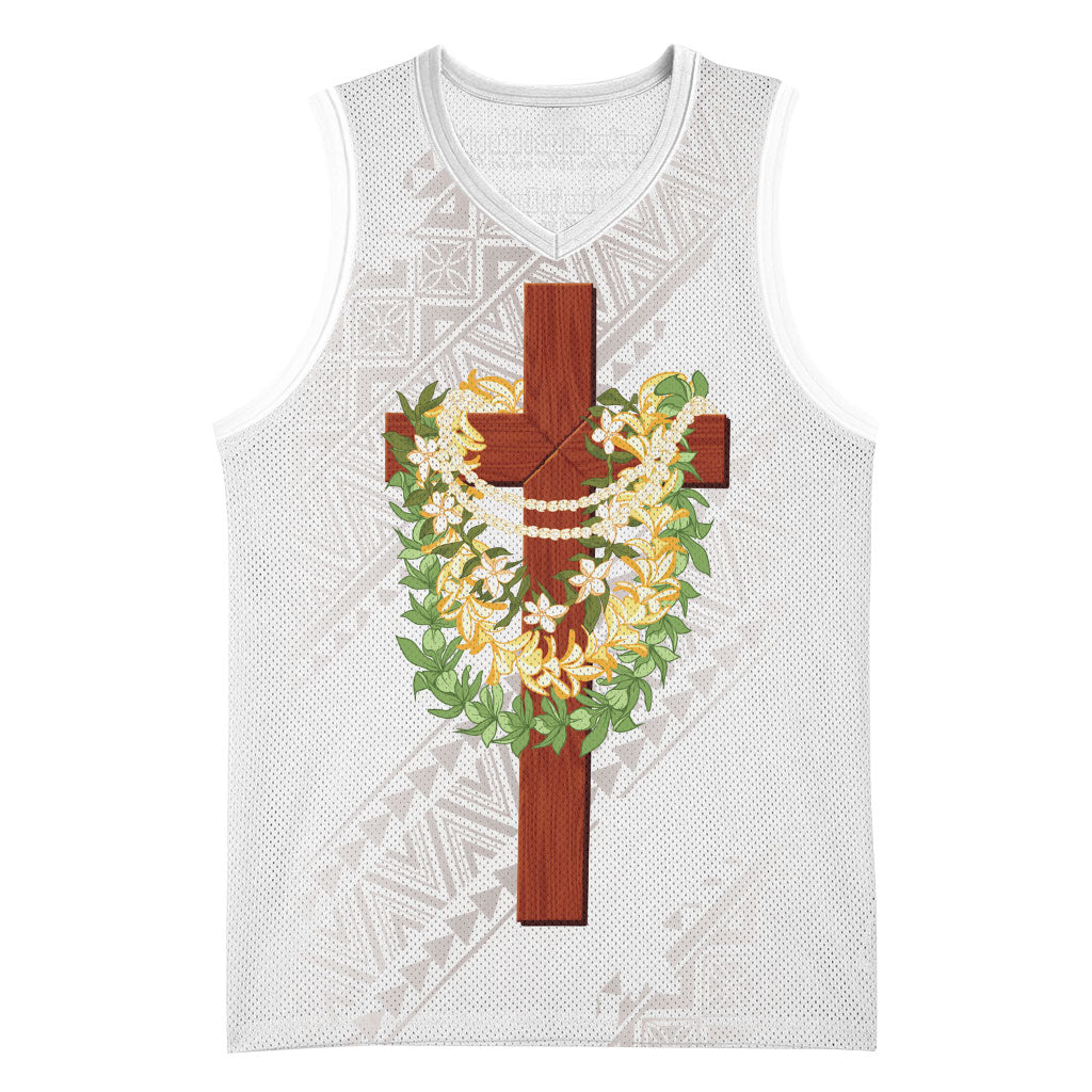 Hawaii ⁠Ka Pule a ka Haku Memorial Basketball Jersey Flower Lei Cross - Ivory White