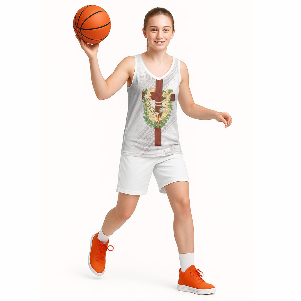 Hawaii Ka Pule a ka Haku Memorial Basketball Jersey Flower Lei Cross - Ivory White LT7 - Polynesian Pride