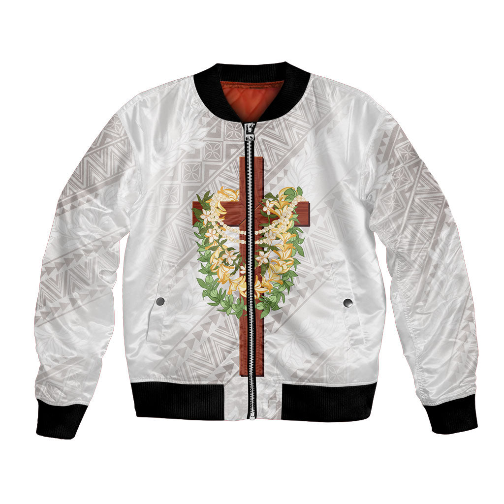 Hawaii Ka Pule a ka Haku Memorial Bomber Jacket Flower Lei Cross - Ivory White LT7 Unisex Ivory - Polynesian Pride
