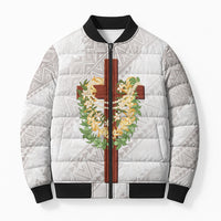 Hawaii ⁠Ka Pule a ka Haku Memorial Bomber Puffer Jacket Flower Lei Cross - Ivory White