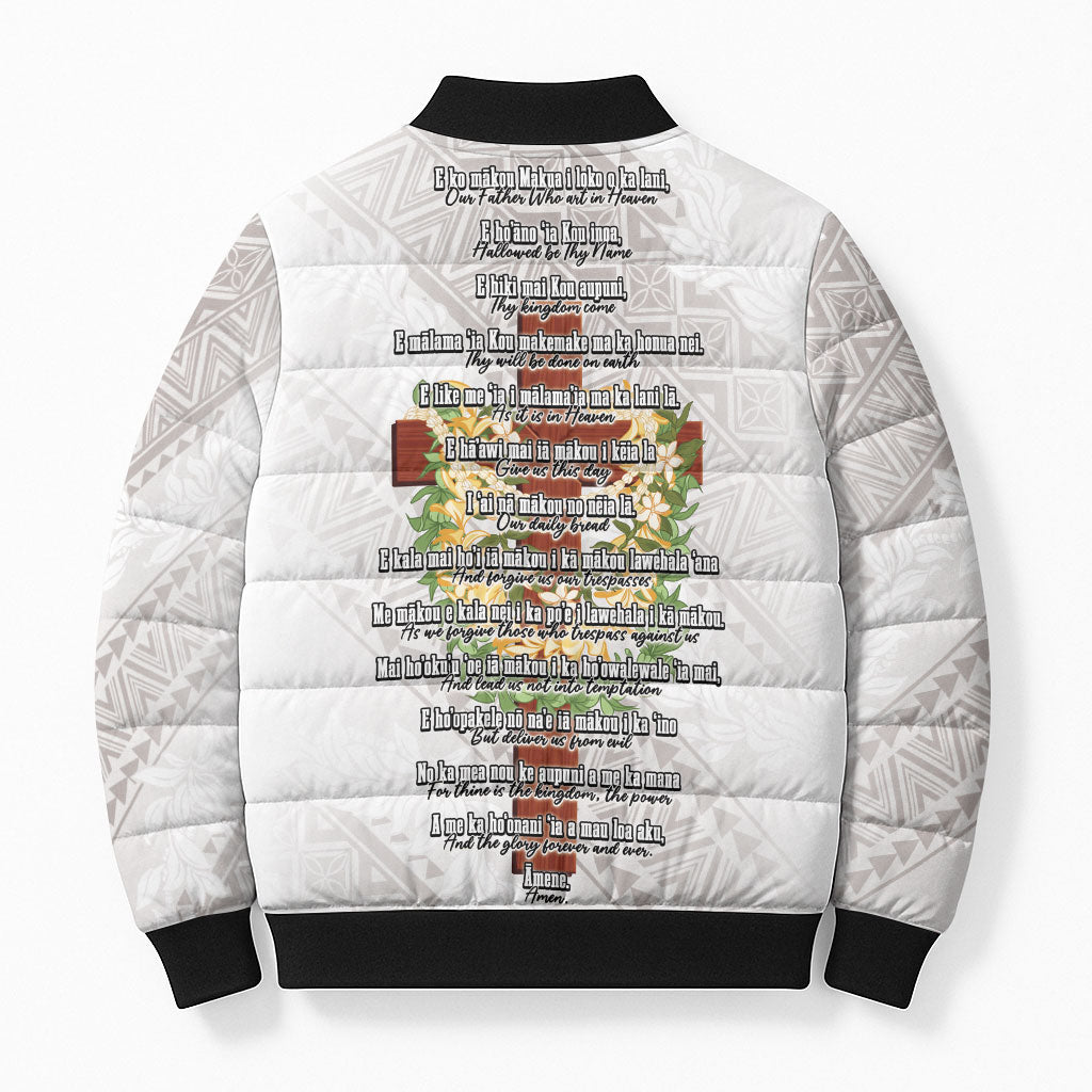 Hawaii ⁠Ka Pule a ka Haku Memorial Bomber Puffer Jacket Flower Lei Cross - Ivory White