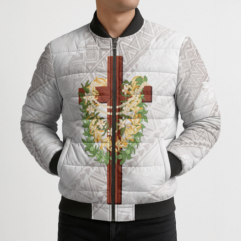 Hawaii ⁠Ka Pule a ka Haku Memorial Bomber Puffer Jacket Flower Lei Cross - Ivory White