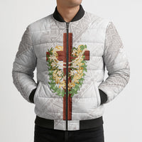 Hawaii ⁠Ka Pule a ka Haku Memorial Bomber Puffer Jacket Flower Lei Cross - Ivory White