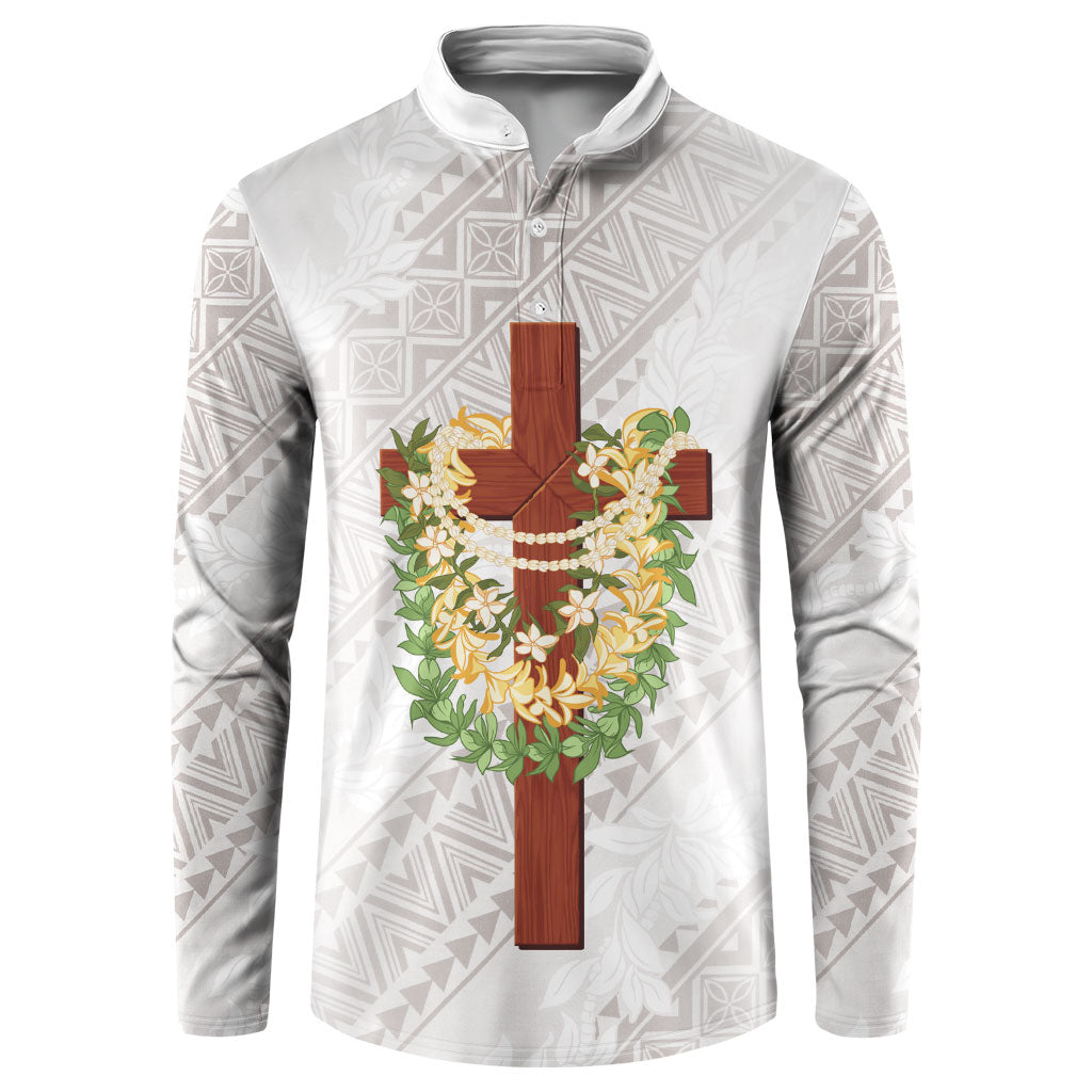 Hawaii ⁠Ka Pule a ka Haku Memorial Button Sweatshirt Flower Lei Cross - Ivory White