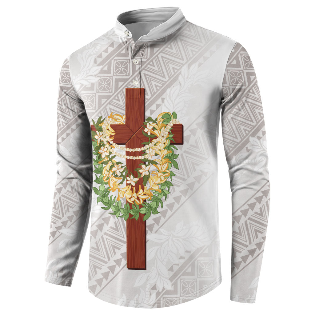 Hawaii ⁠Ka Pule a ka Haku Memorial Button Sweatshirt Flower Lei Cross - Ivory White