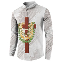 Hawaii ⁠Ka Pule a ka Haku Memorial Button Sweatshirt Flower Lei Cross - Ivory White