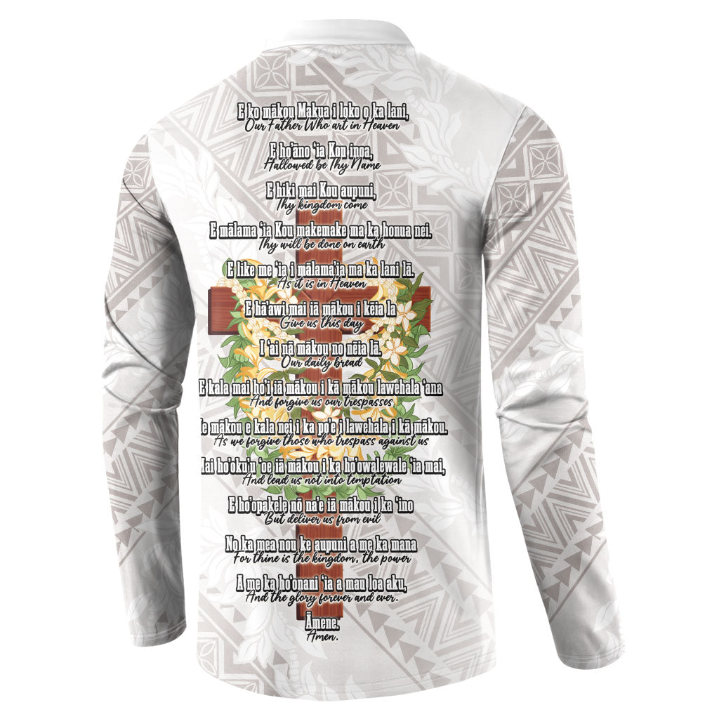 Hawaii ⁠Ka Pule a ka Haku Memorial Button Sweatshirt Flower Lei Cross - Ivory White