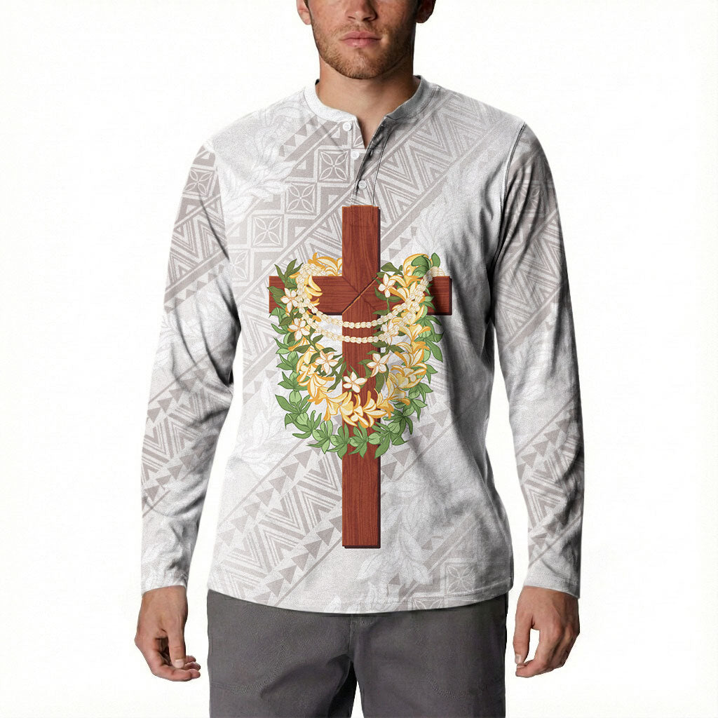 Hawaii ⁠Ka Pule a ka Haku Memorial Button Sweatshirt Flower Lei Cross - Ivory White