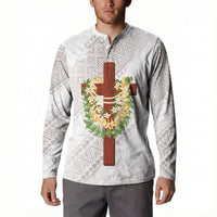 Hawaii ⁠Ka Pule a ka Haku Memorial Button Sweatshirt Flower Lei Cross - Ivory White
