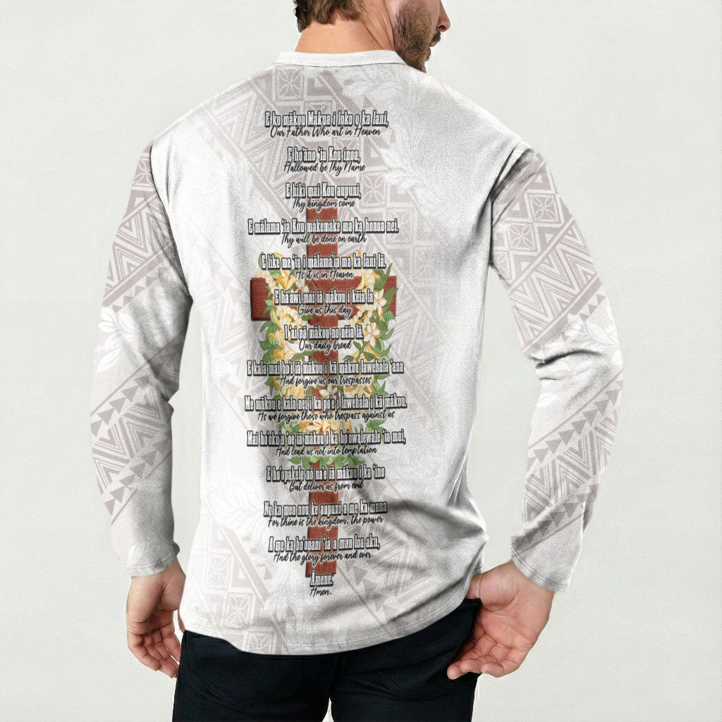 Hawaii ⁠Ka Pule a ka Haku Memorial Button Sweatshirt Flower Lei Cross - Ivory White