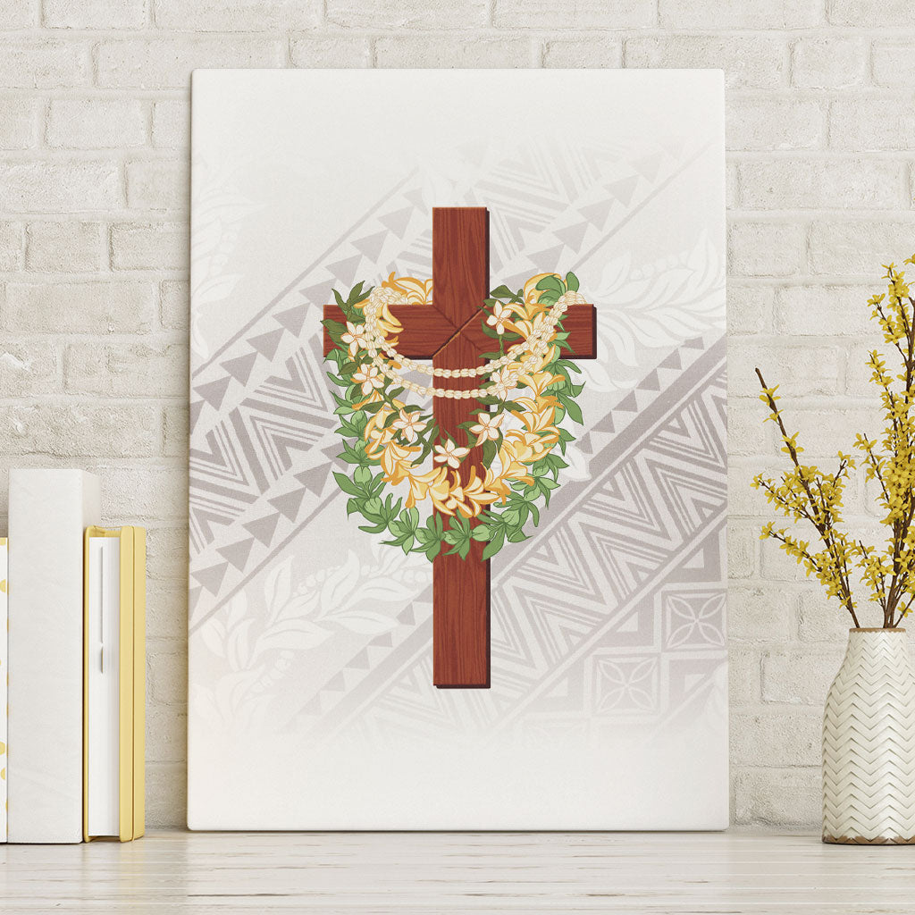 Hawaii Ka Pule a ka Haku Memorial Canvas Wall Art Flower Lei Cross - Ivory White LT7 Without Frame Ivory - Polynesian Pride