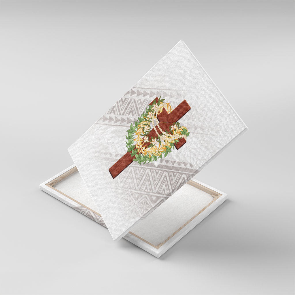 Hawaii Ka Pule a ka Haku Memorial Canvas Wall Art Flower Lei Cross - Ivory White LT7 With Frame Ivory - Polynesian Pride