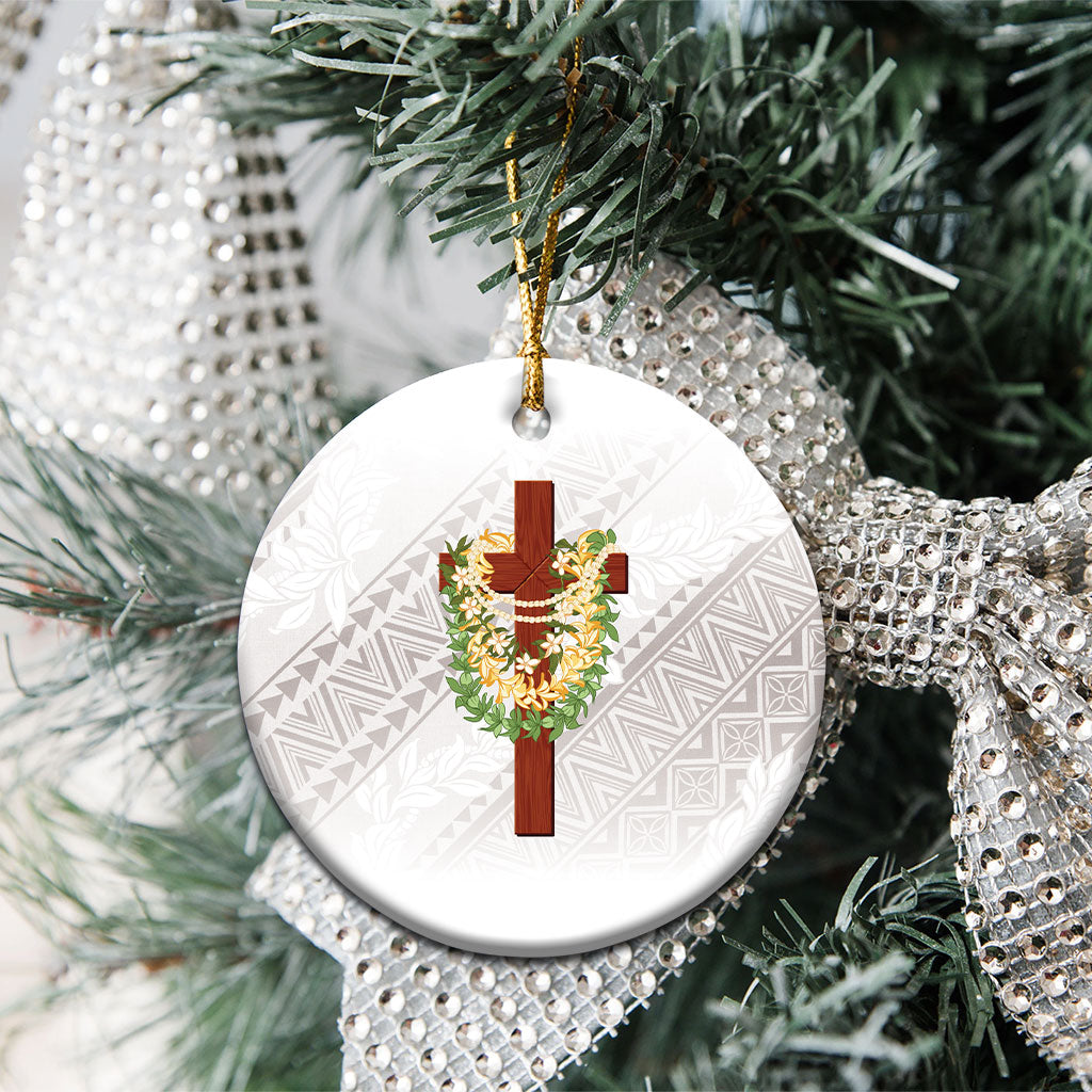 Hawaii ⁠Ka Pule a ka Haku Memorial Ceramic Ornament Flower Lei Cross - Ivory White
