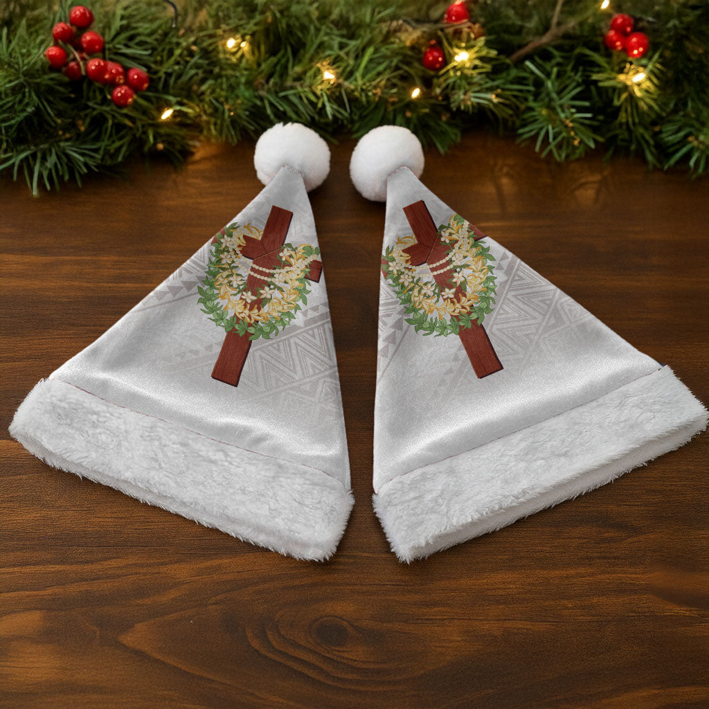 Hawaii ⁠Ka Pule a ka Haku Memorial Christmas Santa Hat Flower Lei Cross - Ivory White