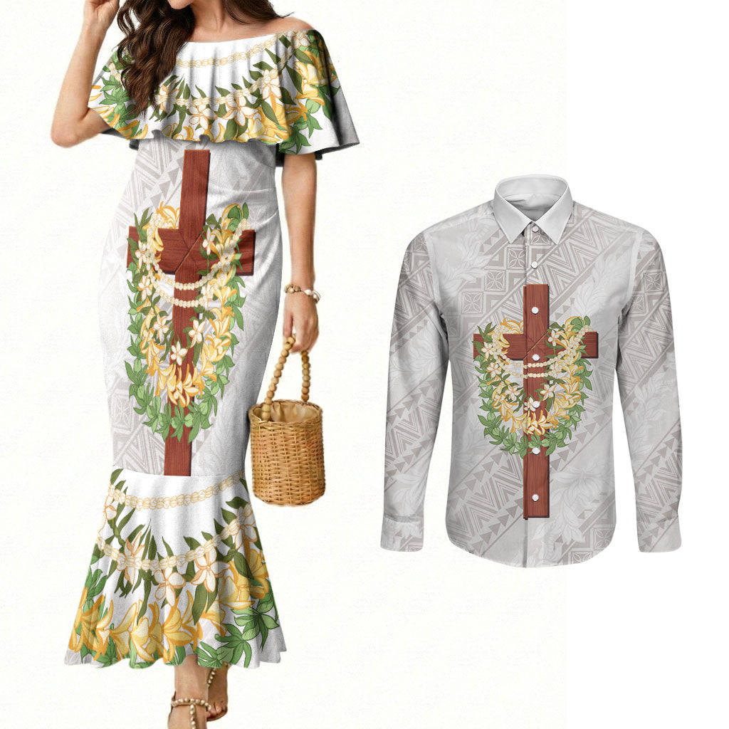 Hawaii ⁠Ka Pule a ka Haku Memorial Couples Matching Mermaid Dress and Long Sleeve Button Shirt Flower Lei Cross - Ivory White