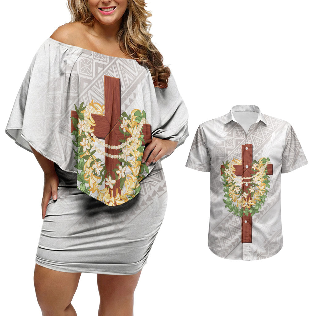 Hawaii ⁠Ka Pule a ka Haku Memorial Couples Matching Off Shoulder Short Dress and Hawaiian Shirt Flower Lei Cross - Ivory White