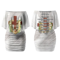 Hawaii Ka Pule a ka Haku Memorial Couples Matching Off Shoulder Short Dress and Hawaiian Shirt Flower Lei Cross - Ivory White LT7 - Polynesian Pride