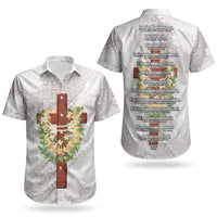 Hawaii Ka Pule a ka Haku Memorial Couples Matching Off Shoulder Short Dress and Hawaiian Shirt Flower Lei Cross - Ivory White LT7 - Polynesian Pride