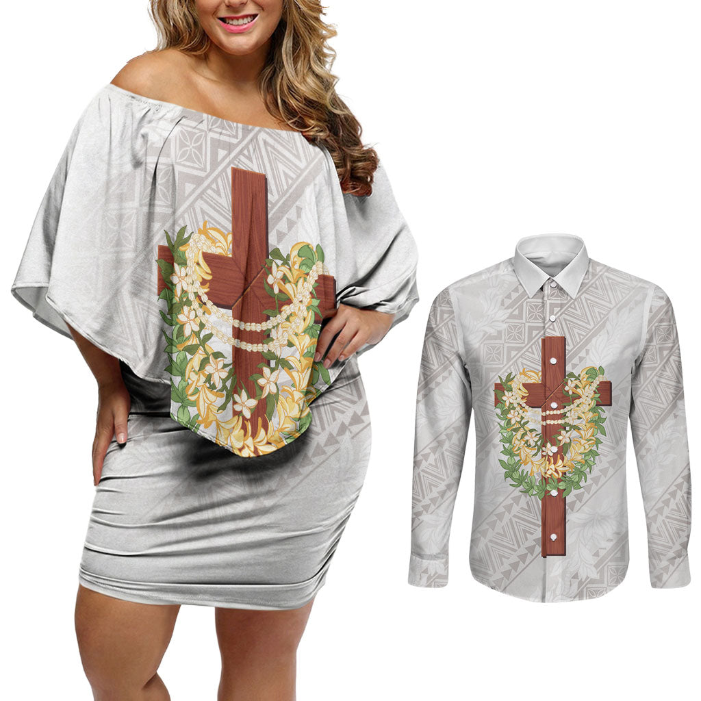 Hawaii ⁠Ka Pule a ka Haku Memorial Couples Matching Off Shoulder Short Dress and Long Sleeve Button Shirt Flower Lei Cross - Ivory White