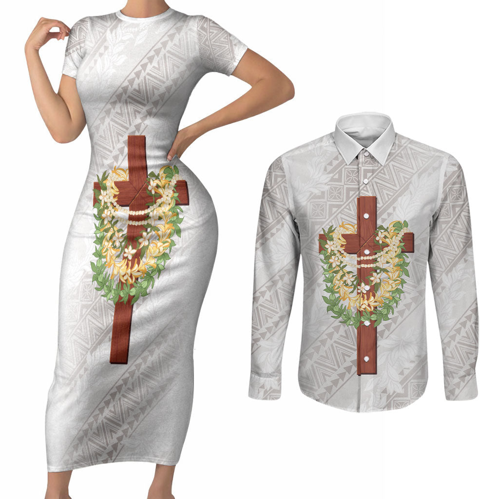 Hawaii ⁠Ka Pule a ka Haku Memorial Couples Matching Short Sleeve Bodycon Dress and Long Sleeve Button Shirt Flower Lei Cross - Ivory White