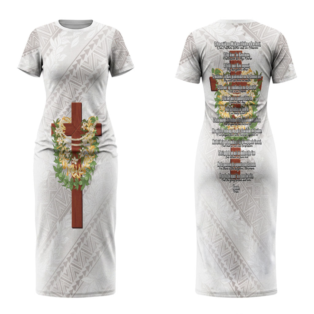 Hawaii Ka Pule a ka Haku Memorial Couples Matching Short Sleeve Bodycon Dress and Long Sleeve Button Shirt Flower Lei Cross - Ivory White LT7 - Polynesian Pride