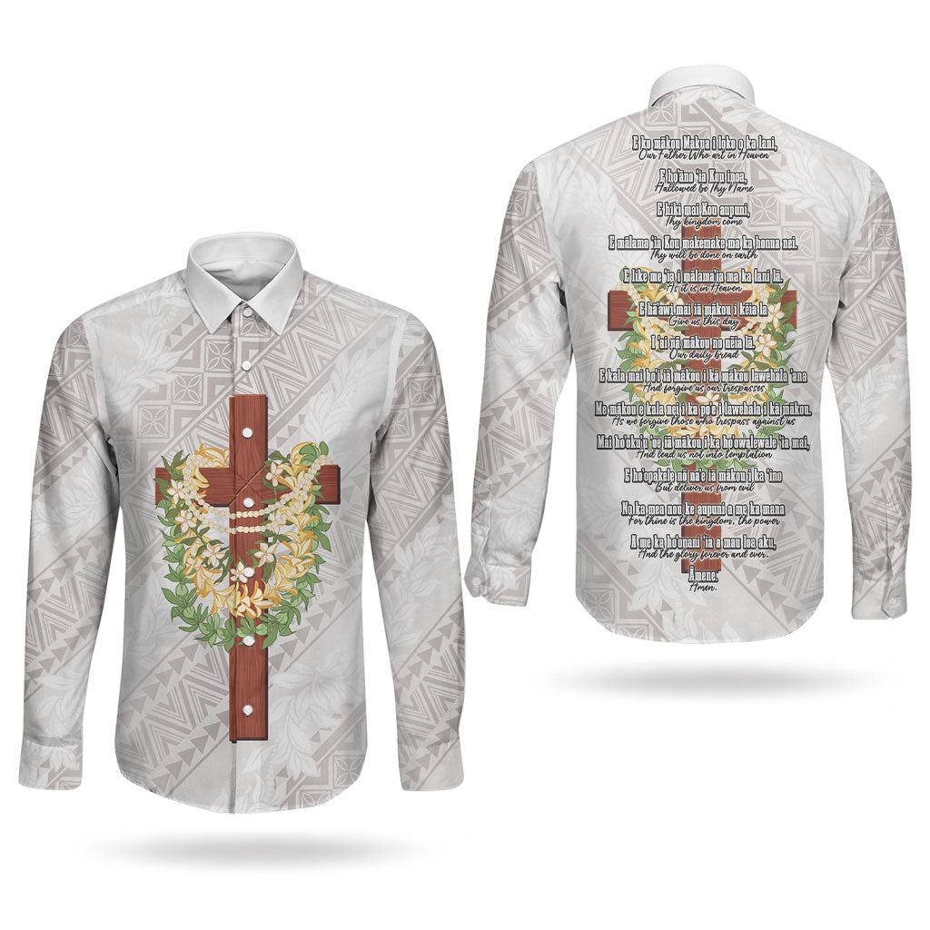 Hawaii Ka Pule a ka Haku Memorial Couples Matching Tank Maxi Dress and Long Sleeve Button Shirt Flower Lei Cross - Ivory White LT7 - Polynesian Pride