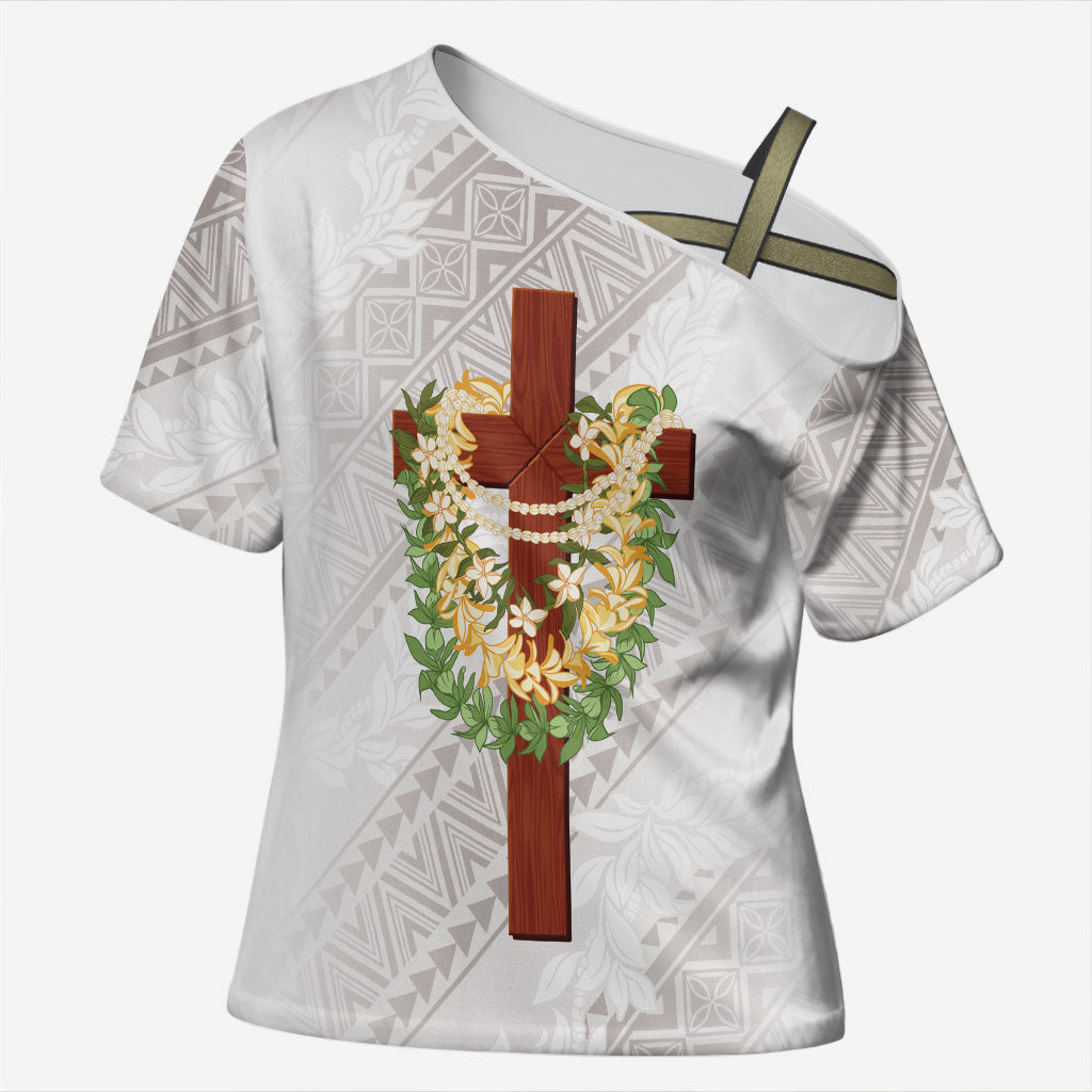 Hawaii ⁠Ka Pule a ka Haku Memorial Cross Shoulder Shirt Flower Lei Cross - Ivory White