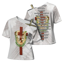 Hawaii Ka Pule a ka Haku Memorial Cross Shoulder Shirt Flower Lei Cross - Ivory White LT7 - Polynesian Pride