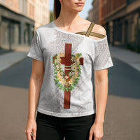 Hawaii Ka Pule a ka Haku Memorial Cross Shoulder Shirt Flower Lei Cross - Ivory White LT7 - Polynesian Pride
