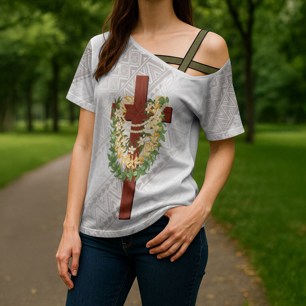Hawaii Ka Pule a ka Haku Memorial Cross Shoulder Shirt Flower Lei Cross - Ivory White LT7 - Polynesian Pride